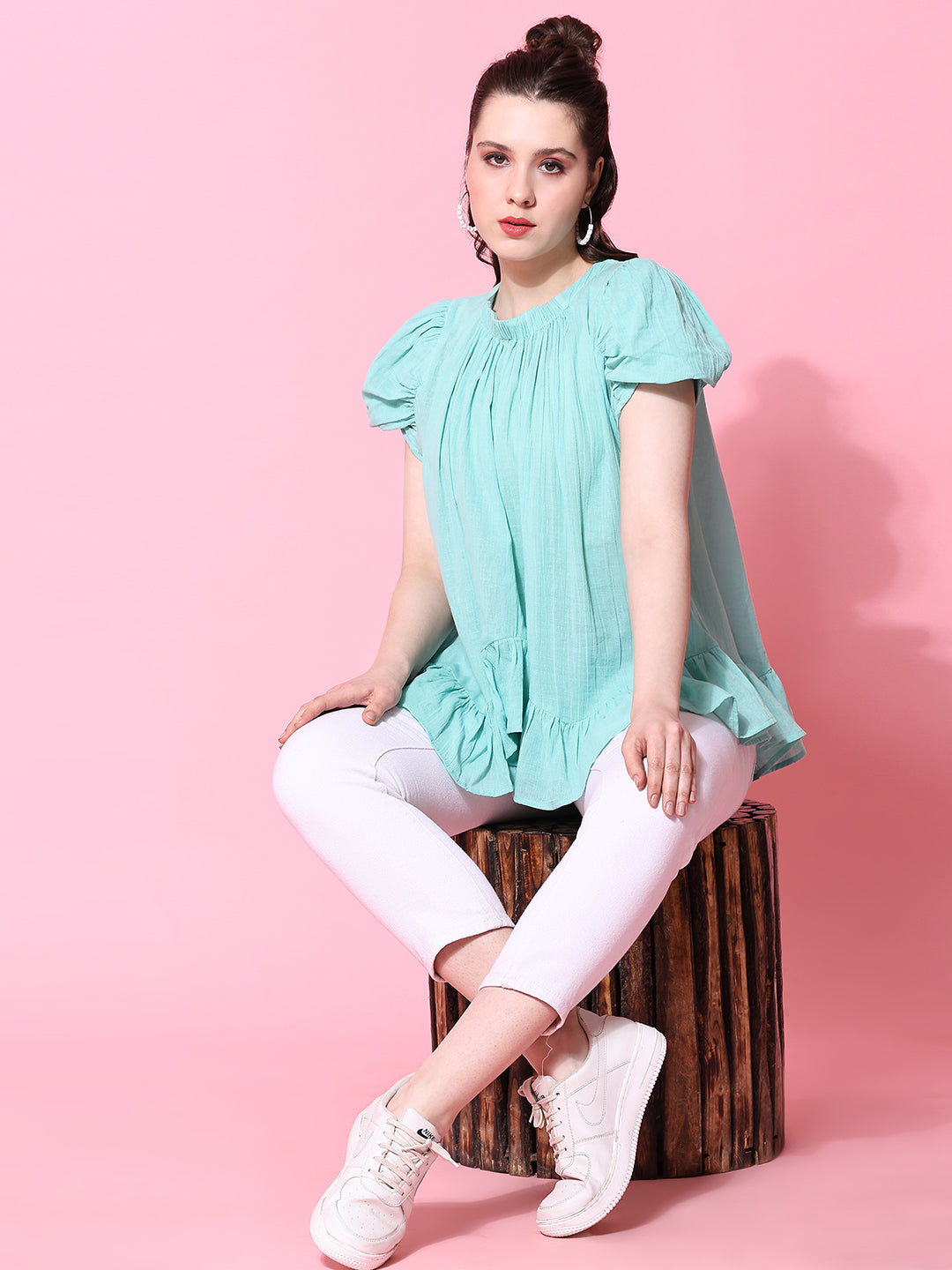 Sea Green Solid Casual Antifit Top