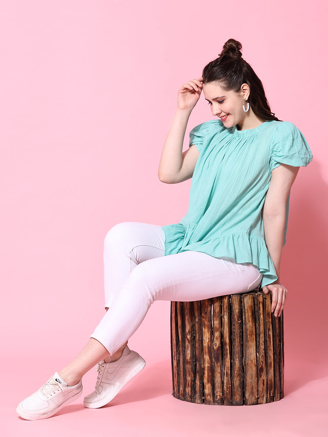 Sea Green Solid Casual Antifit Top