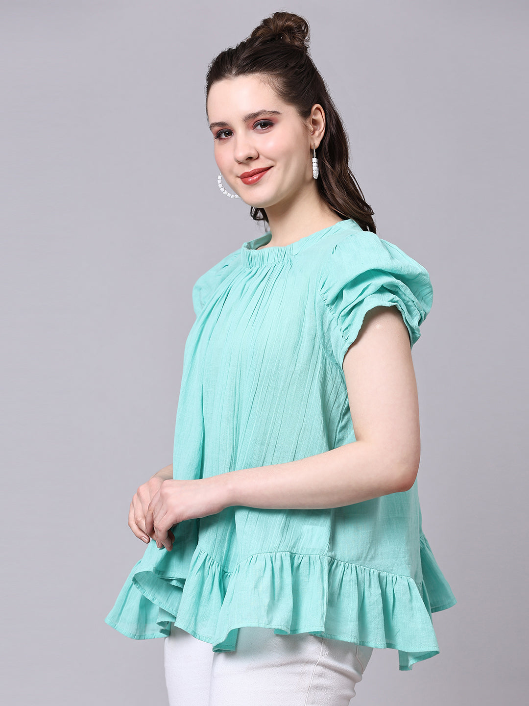 Sea Green Solid Casual Antifit Top