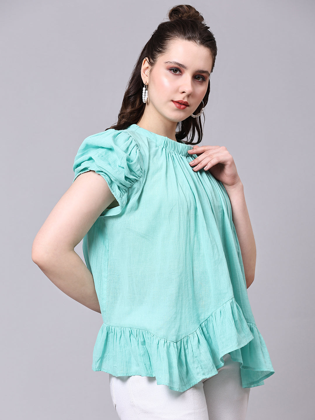 Sea Green Solid Casual Antifit Top