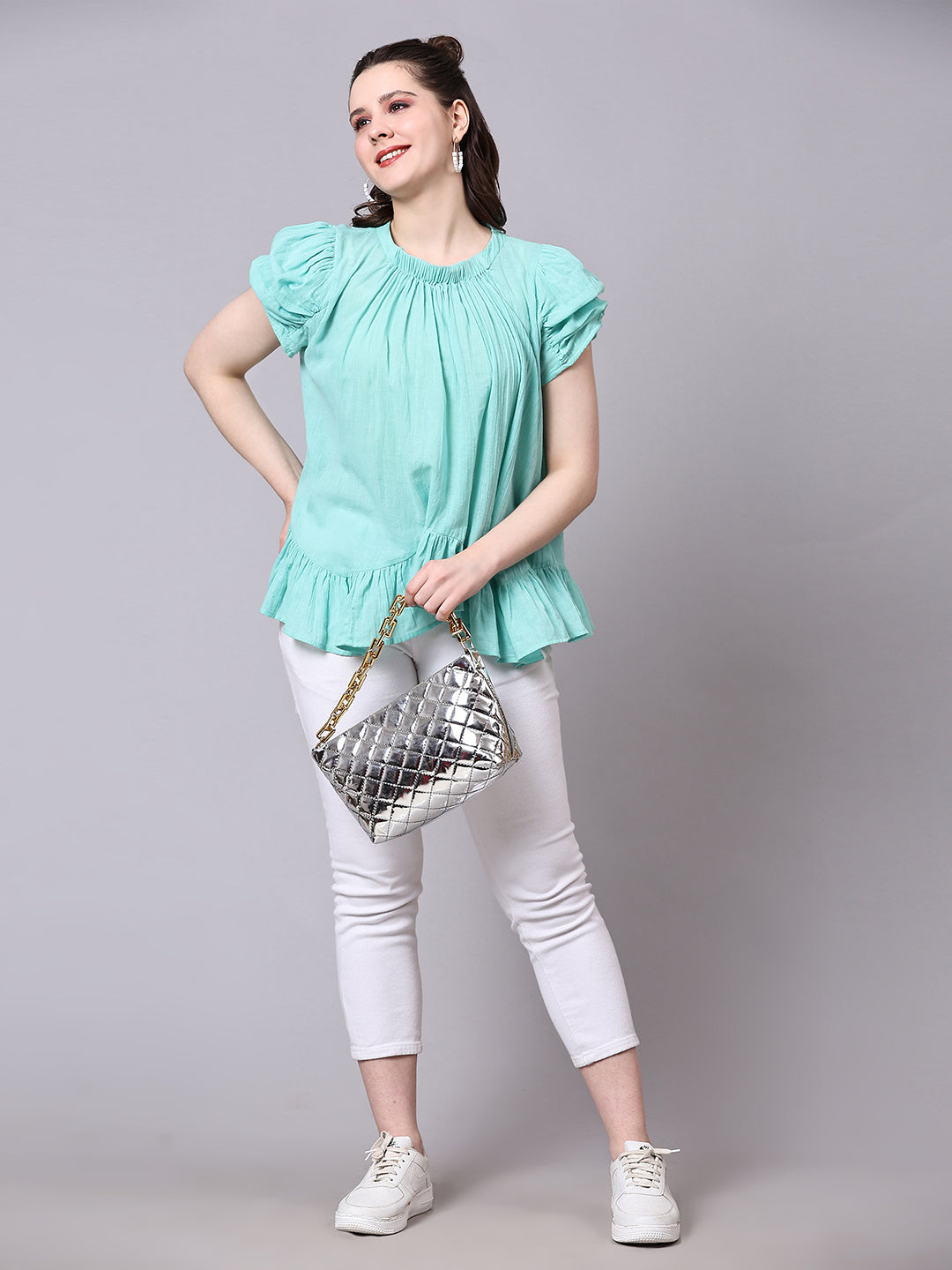 Sea Green Solid Casual Antifit Top