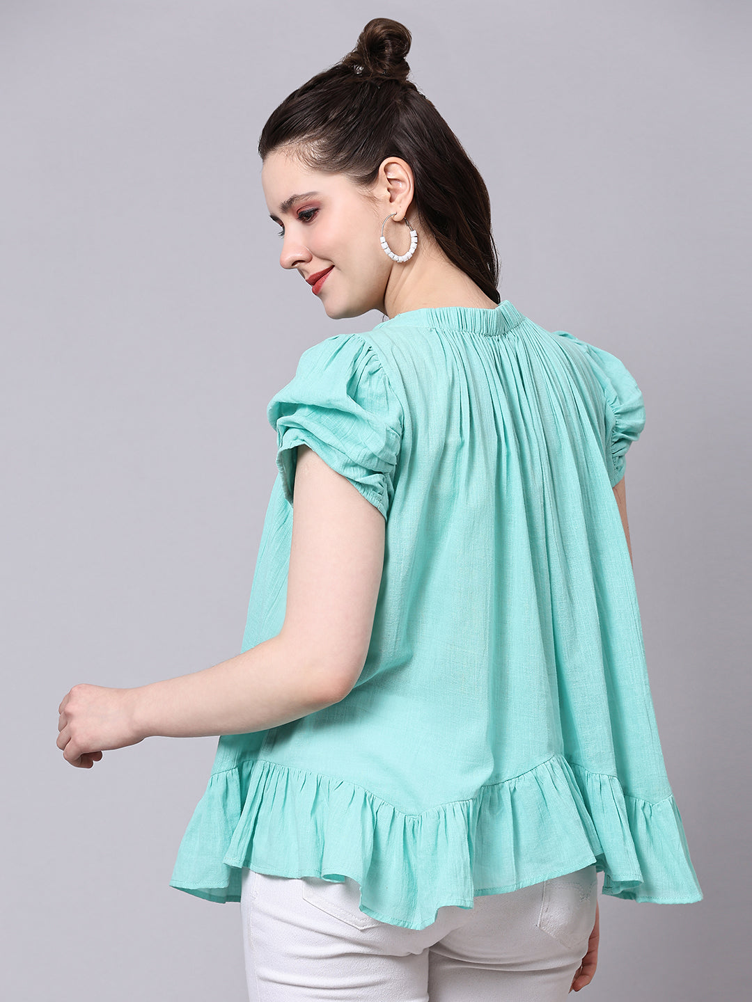 Sea Green Solid Casual Antifit Top