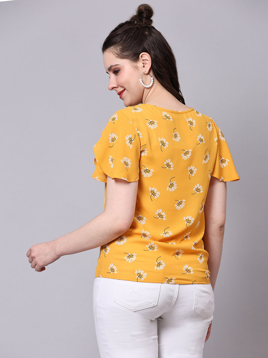 Yellow Floral Printed Casual Regular Top