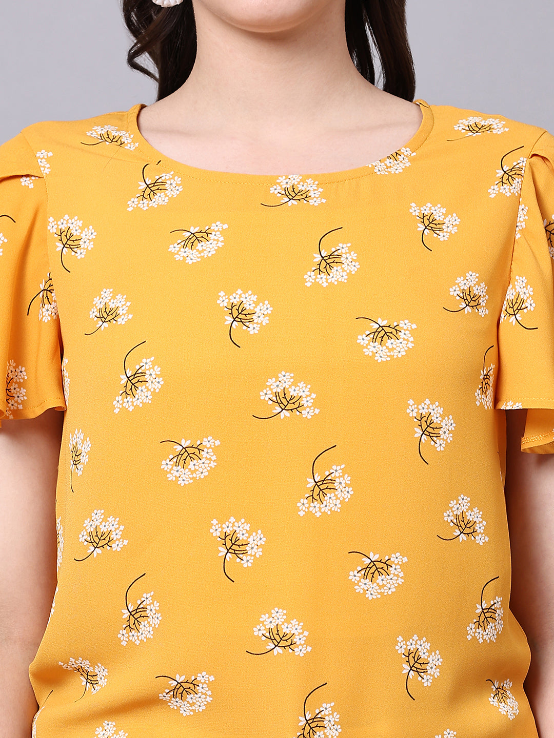 Yellow Floral Printed Casual Regular Top