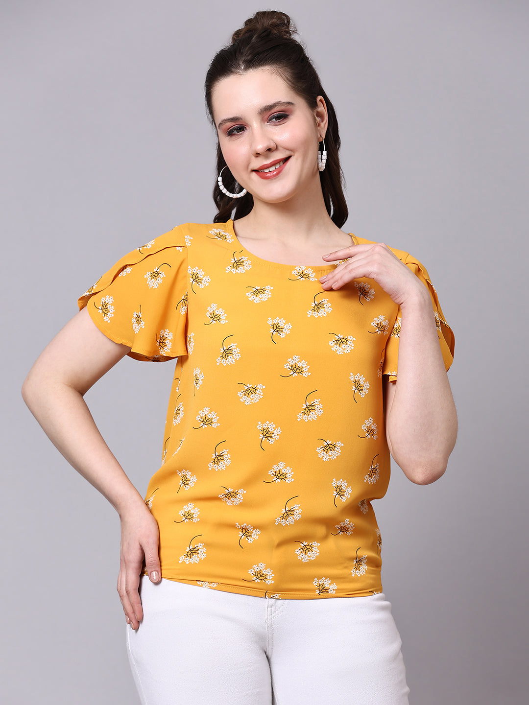 Yellow Floral Printed Casual Regular Top