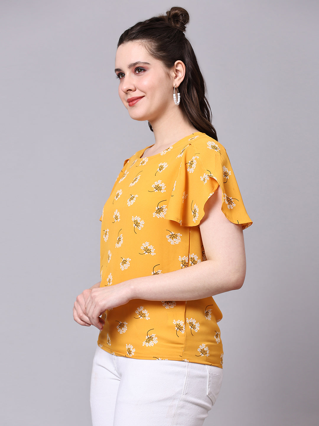 Yellow Floral Printed Casual Regular Top