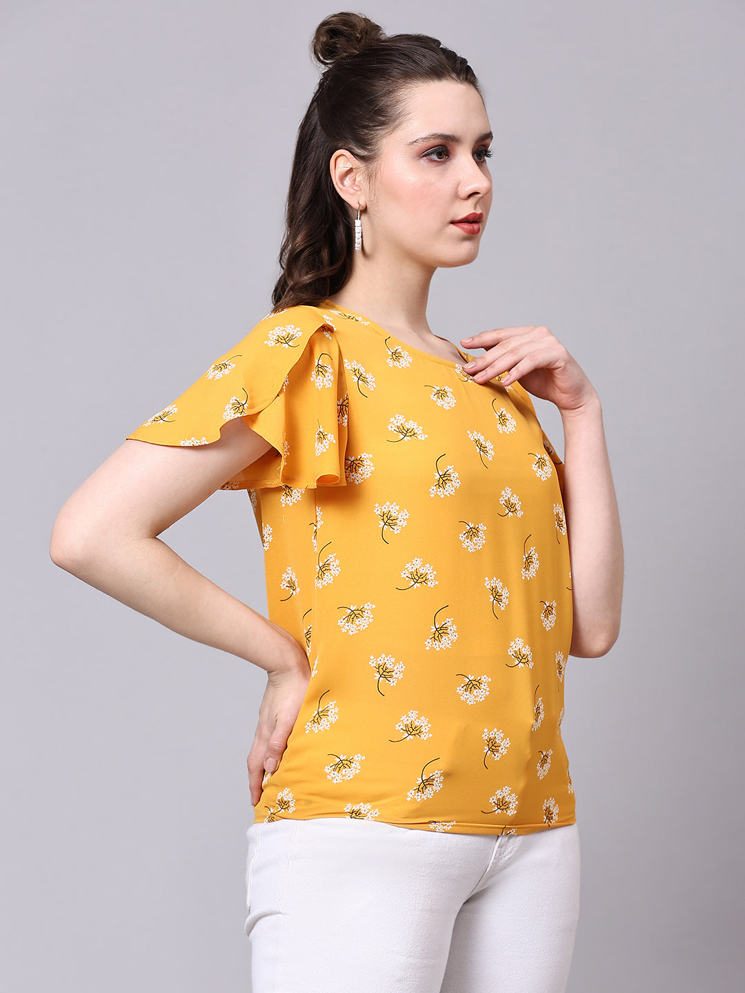 Yellow Floral Printed Casual Regular Top