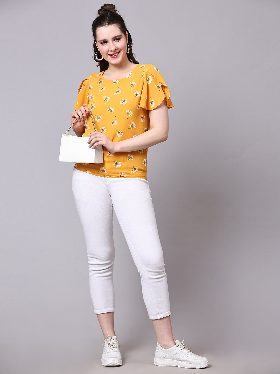 Yellow Floral Printed Casual Regular Top