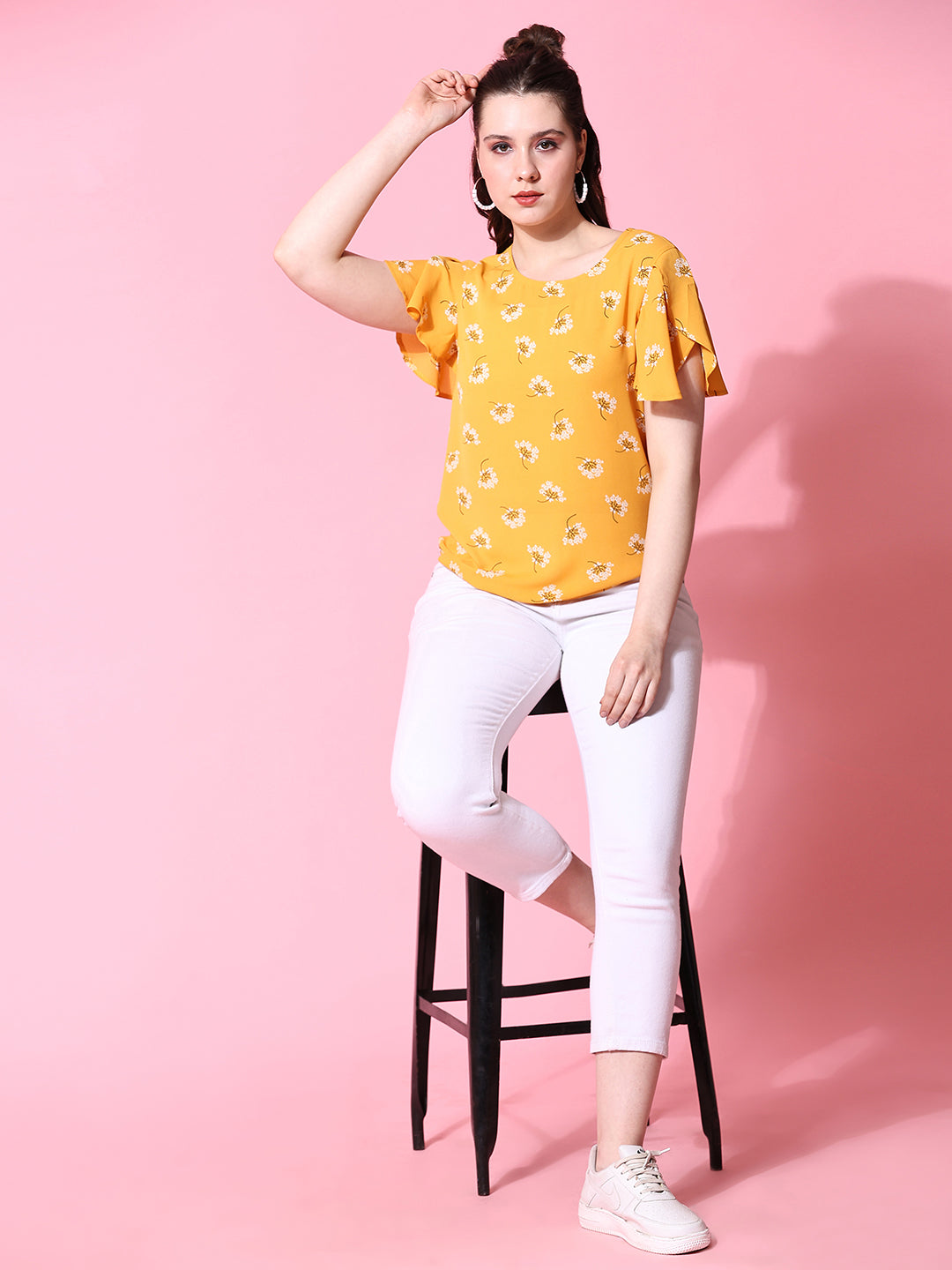 Yellow Floral Printed Casual Regular Top