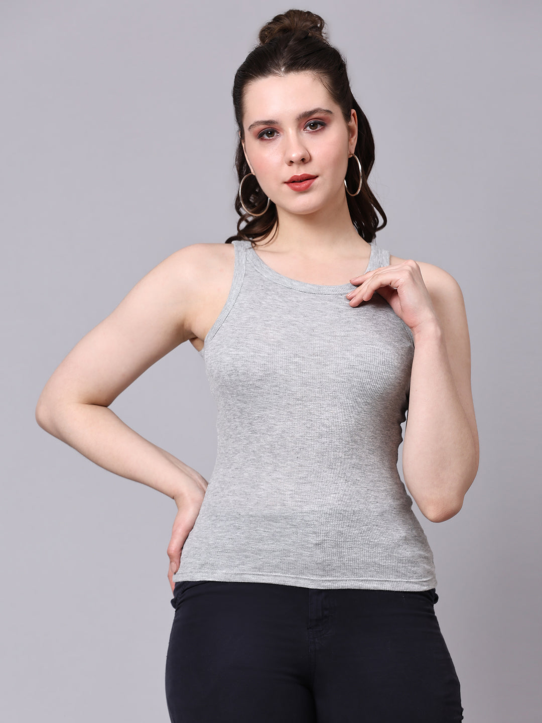 Pink Solid Casual Tank Top Grey