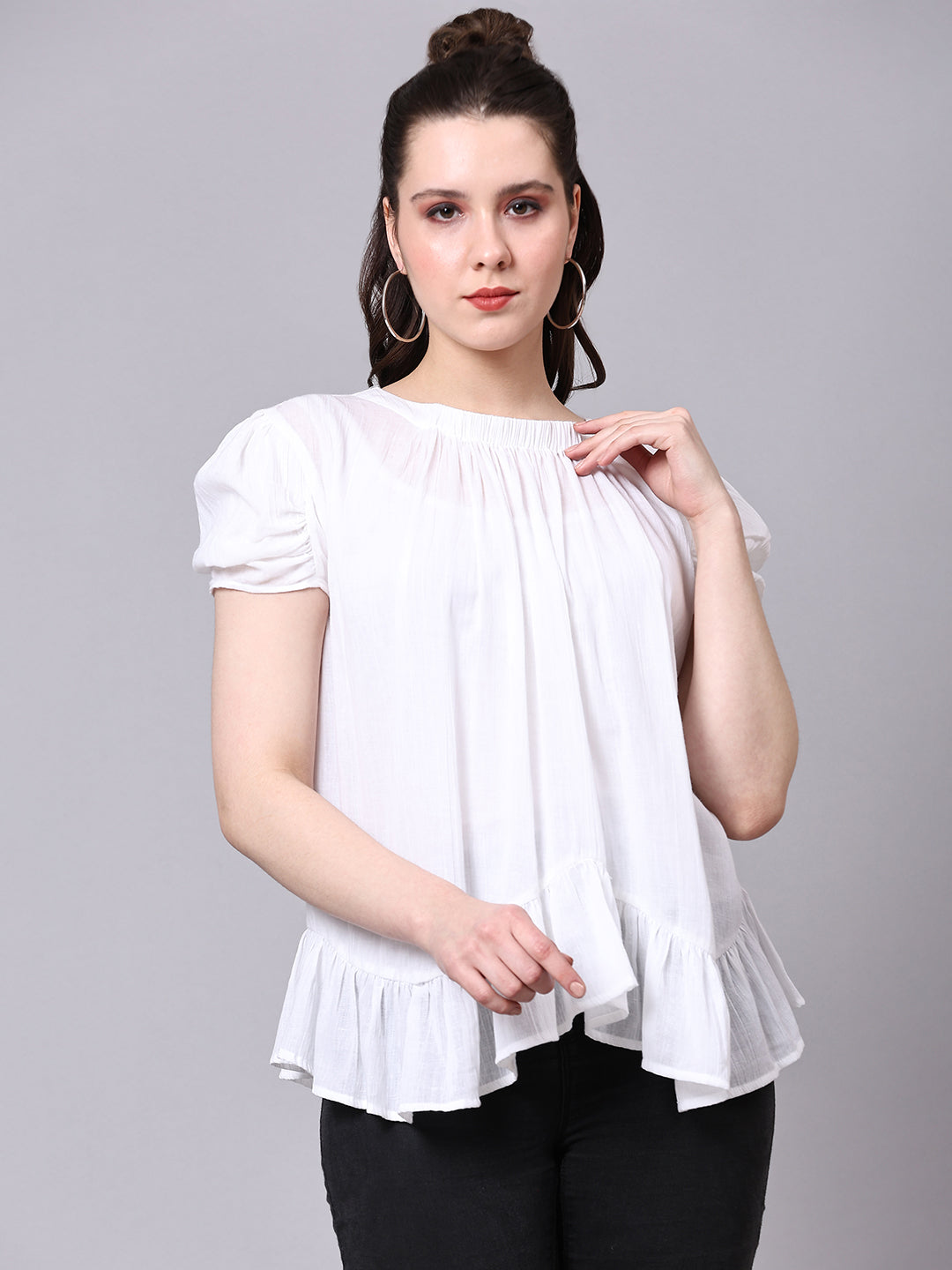 Sea Green Solid Casual Antifit Top White