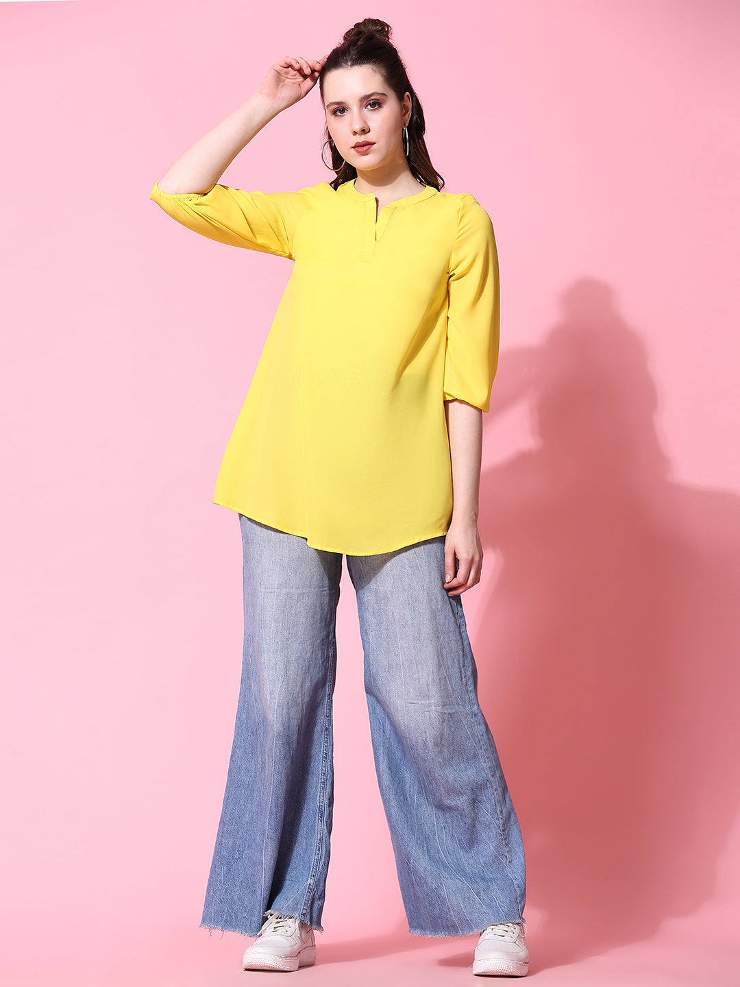 Yellow Solid Casual Tunic Top