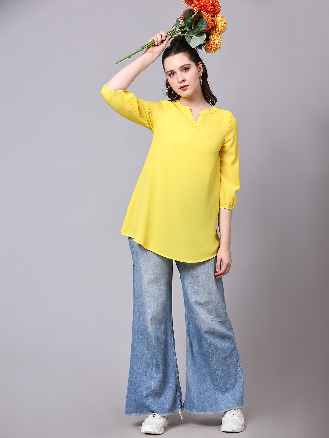 Yellow Solid Casual Tunic Top