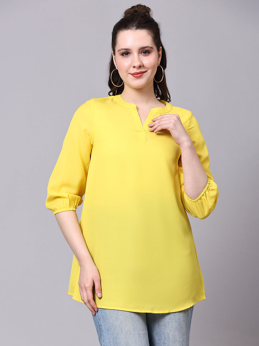 Yellow Solid Casual Tunic Top