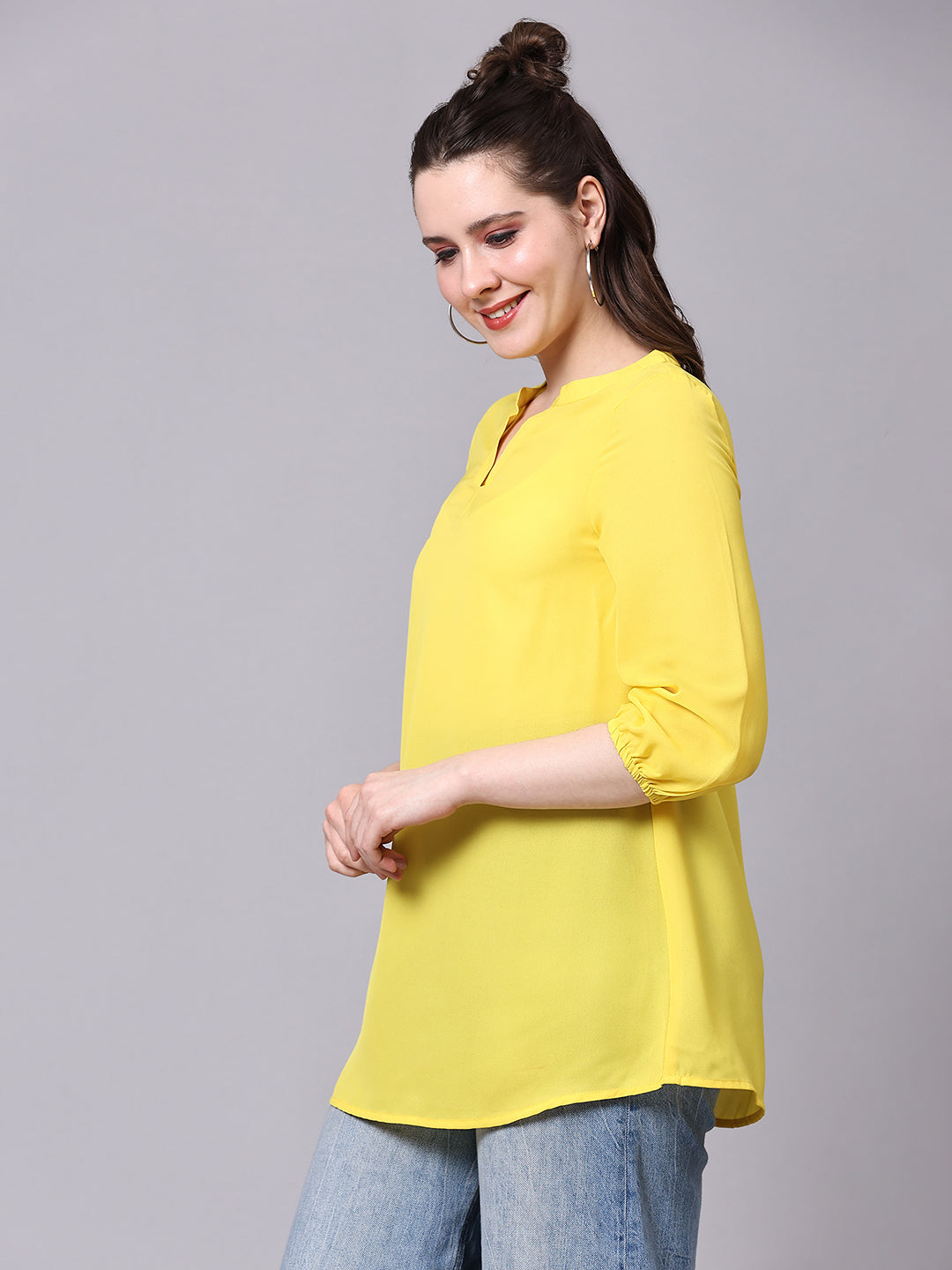 Yellow Solid Casual Tunic Top