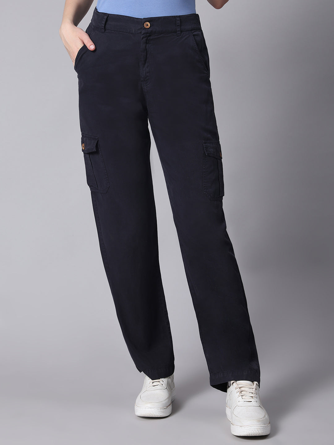 Navy Blue Regular Fit Casual Solid Cargo Pants Navy Blue