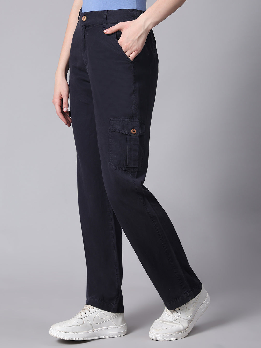 Navy Blue Regular Fit Casual Solid Cargo Pants