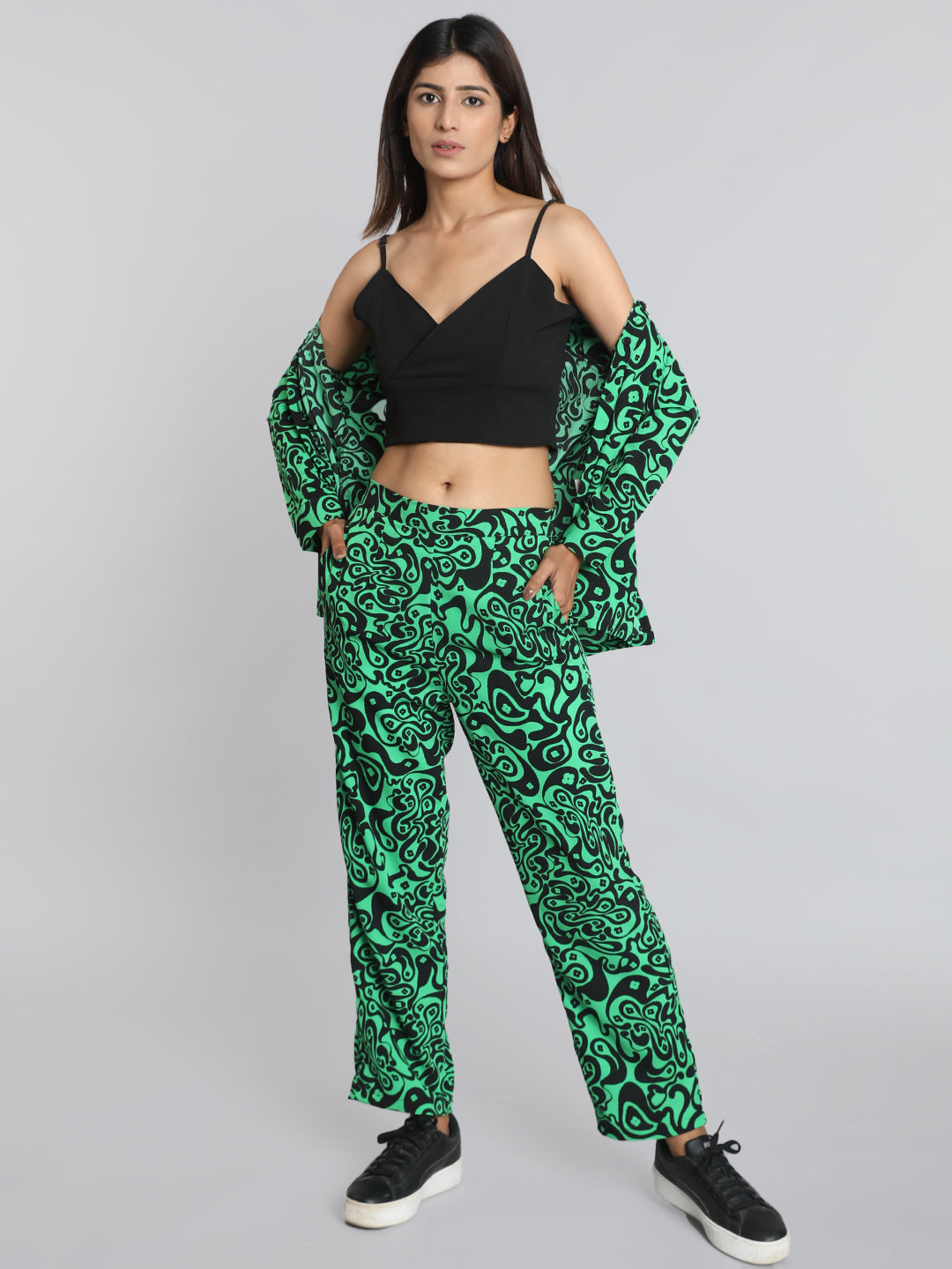 Green Printed Co ord Set with Black Solid Bustier