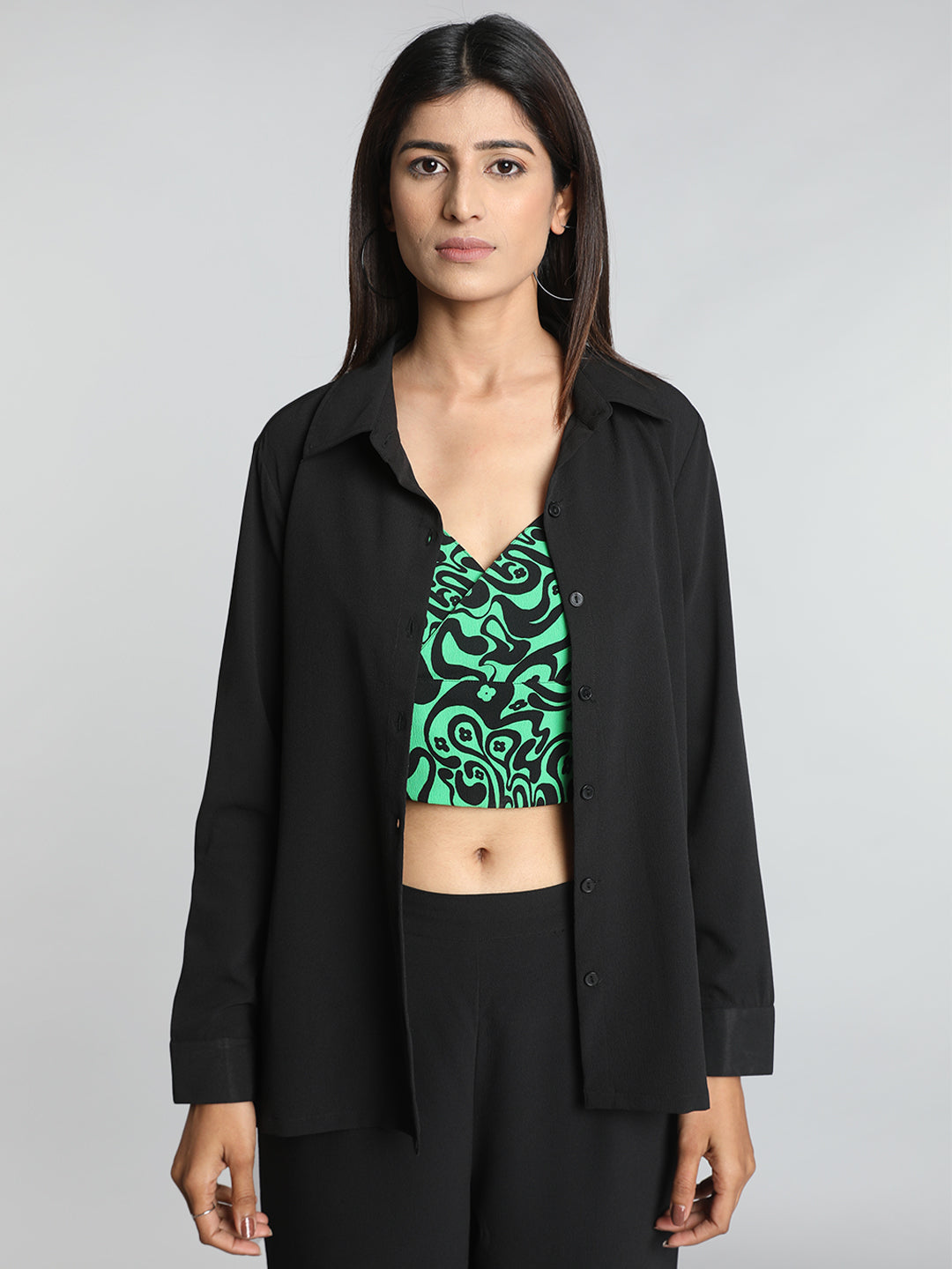 Black Solid Co ord Set with Green Printed Bustier Black