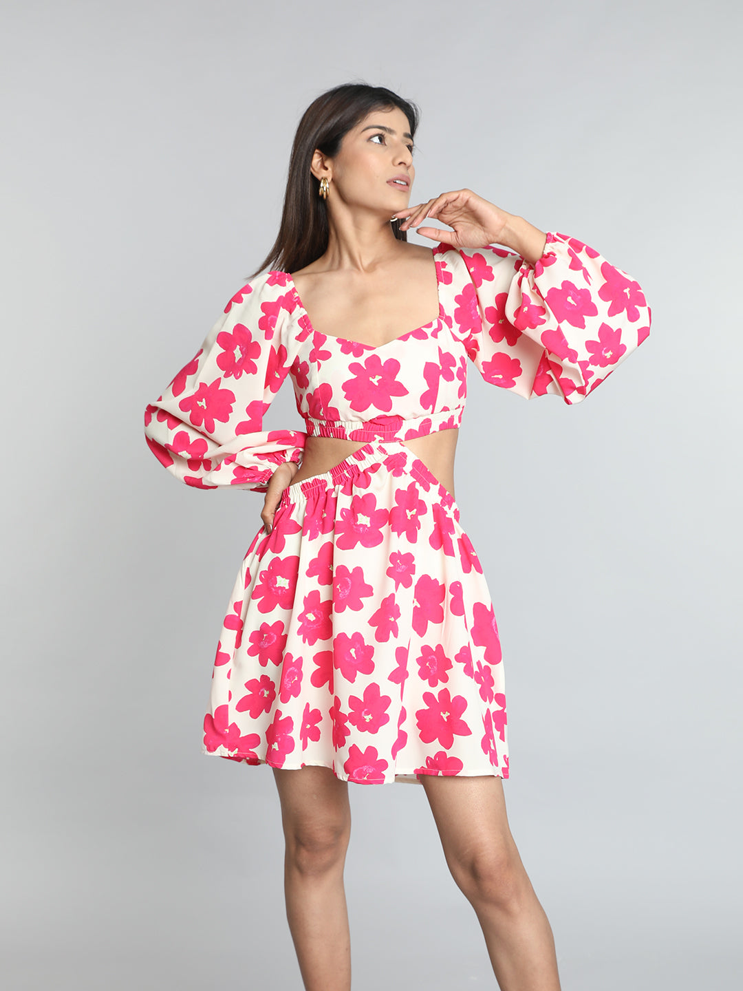 Pink Floral Print Waist Cut Out Mini Dress